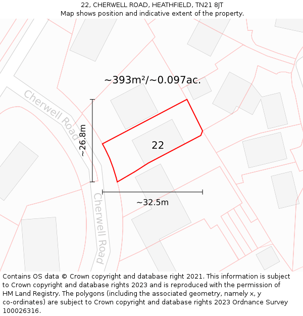 22, CHERWELL ROAD, HEATHFIELD, TN21 8JT: Plot and title map