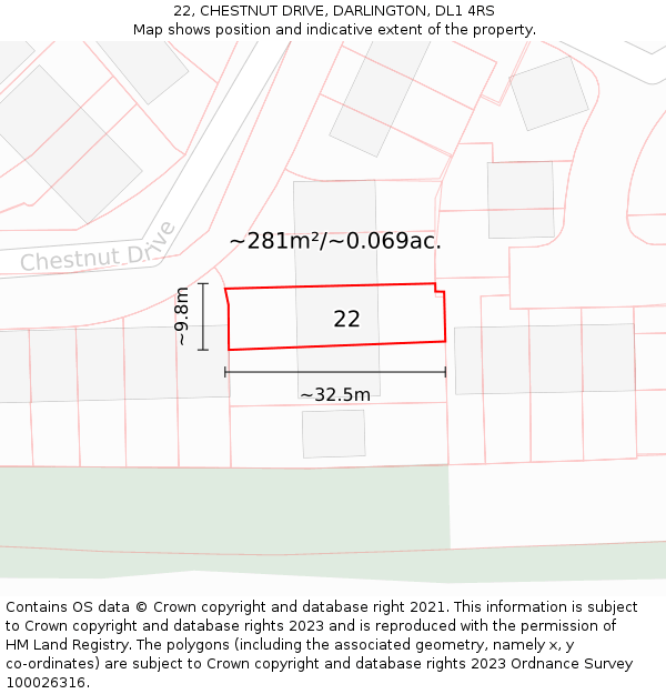 22, CHESTNUT DRIVE, DARLINGTON, DL1 4RS: Plot and title map