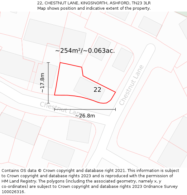 22, CHESTNUT LANE, KINGSNORTH, ASHFORD, TN23 3LR: Plot and title map