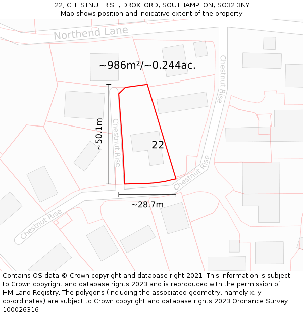 22, CHESTNUT RISE, DROXFORD, SOUTHAMPTON, SO32 3NY: Plot and title map