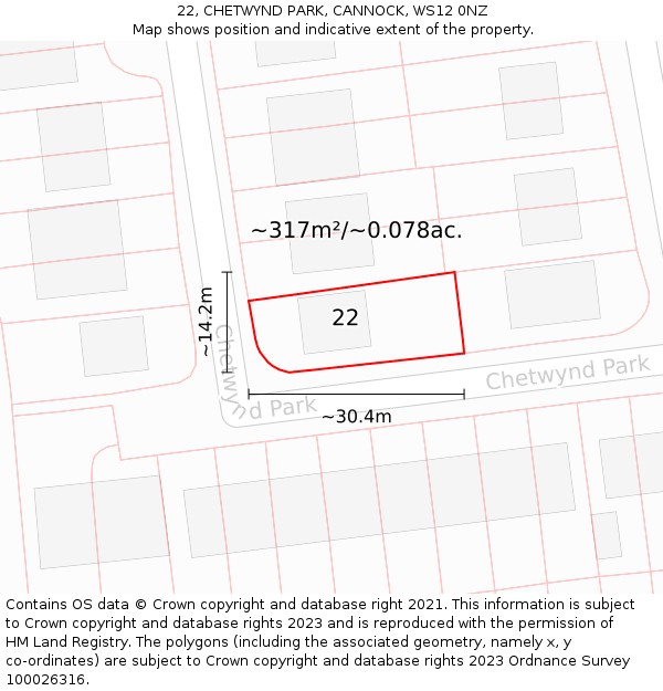 22, CHETWYND PARK, CANNOCK, WS12 0NZ: Plot and title map