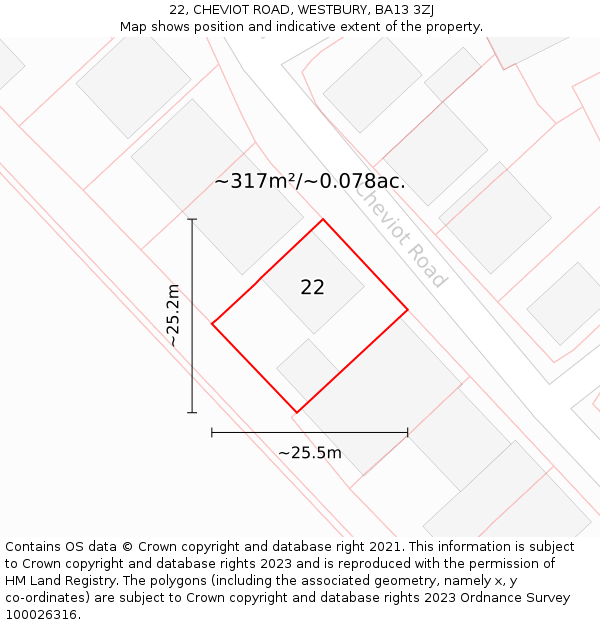 22, CHEVIOT ROAD, WESTBURY, BA13 3ZJ: Plot and title map