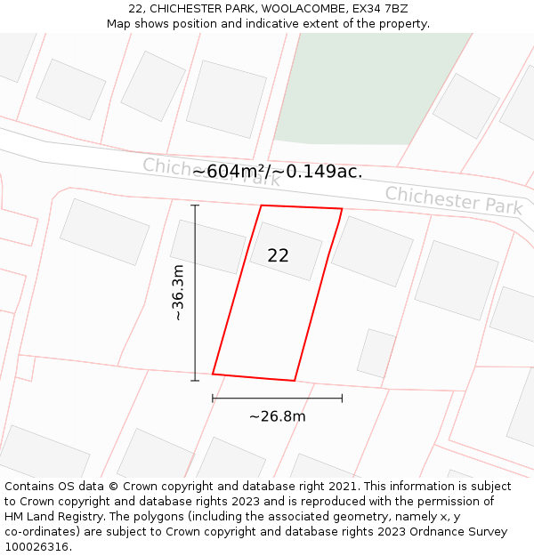 22, CHICHESTER PARK, WOOLACOMBE, EX34 7BZ: Plot and title map