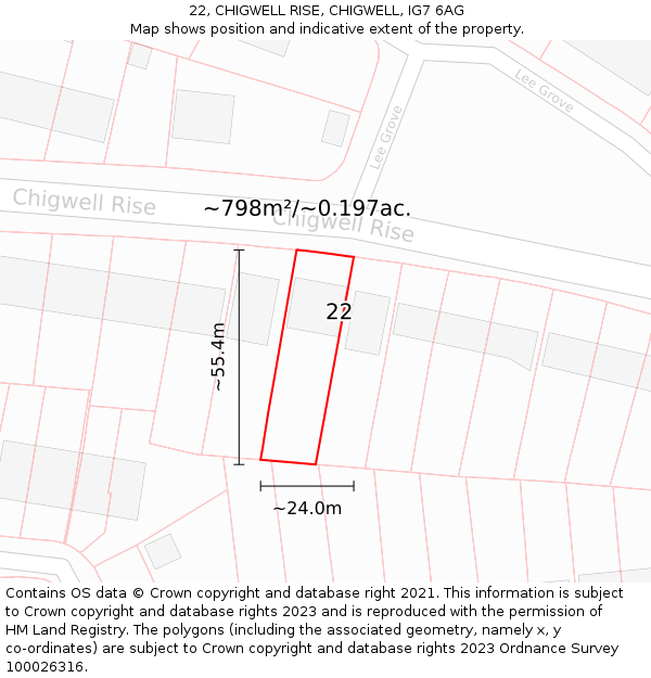 22, CHIGWELL RISE, CHIGWELL, IG7 6AG: Plot and title map