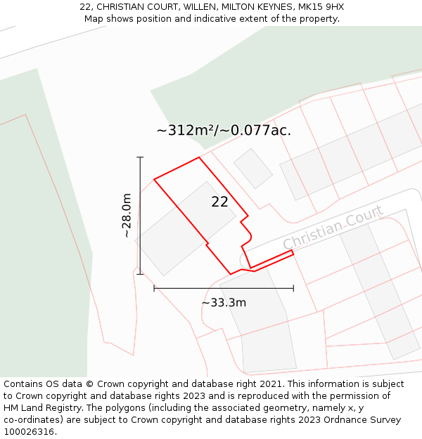 22, CHRISTIAN COURT, WILLEN, MILTON KEYNES, MK15 9HX: Plot and title map