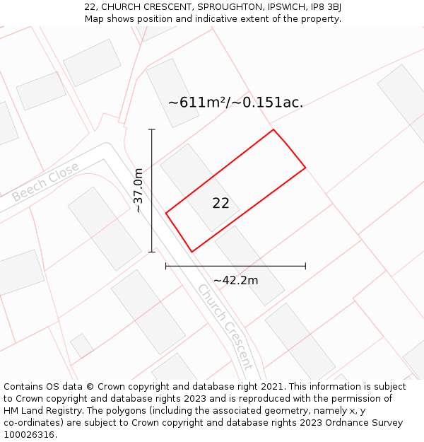 22, CHURCH CRESCENT, SPROUGHTON, IPSWICH, IP8 3BJ: Plot and title map