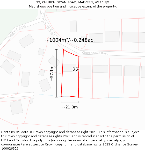 22, CHURCH DOWN ROAD, MALVERN, WR14 3JX: Plot and title map