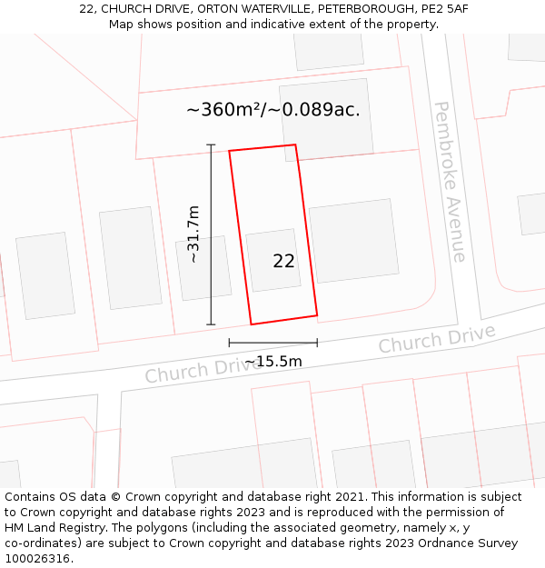 22, CHURCH DRIVE, ORTON WATERVILLE, PETERBOROUGH, PE2 5AF: Plot and title map