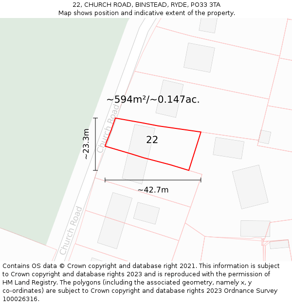 22, CHURCH ROAD, BINSTEAD, RYDE, PO33 3TA: Plot and title map