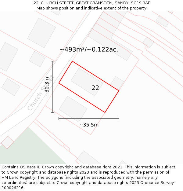 22, CHURCH STREET, GREAT GRANSDEN, SANDY, SG19 3AF: Plot and title map