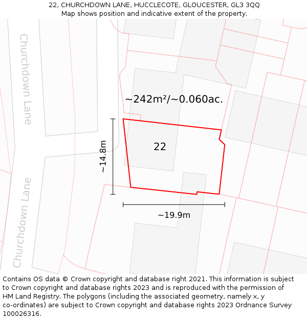 22, CHURCHDOWN LANE, HUCCLECOTE, GLOUCESTER, GL3 3QQ: Plot and title map