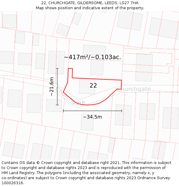 22, CHURCHGATE, GILDERSOME, LEEDS, LS27 7HA: Plot and title map