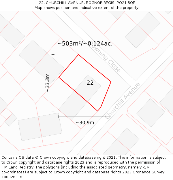 22, CHURCHILL AVENUE, BOGNOR REGIS, PO21 5QF: Plot and title map