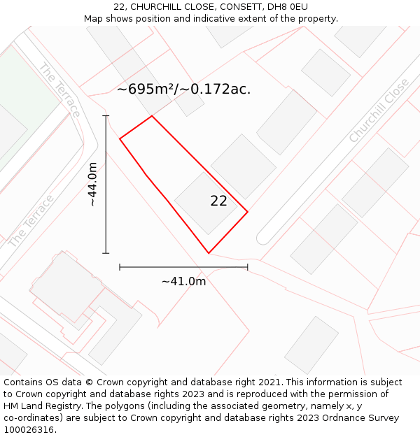 22, CHURCHILL CLOSE, CONSETT, DH8 0EU: Plot and title map