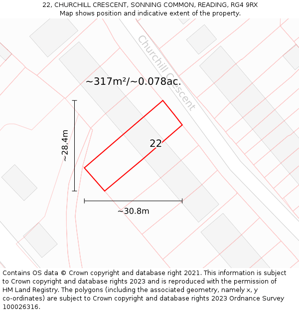 22, CHURCHILL CRESCENT, SONNING COMMON, READING, RG4 9RX: Plot and title map