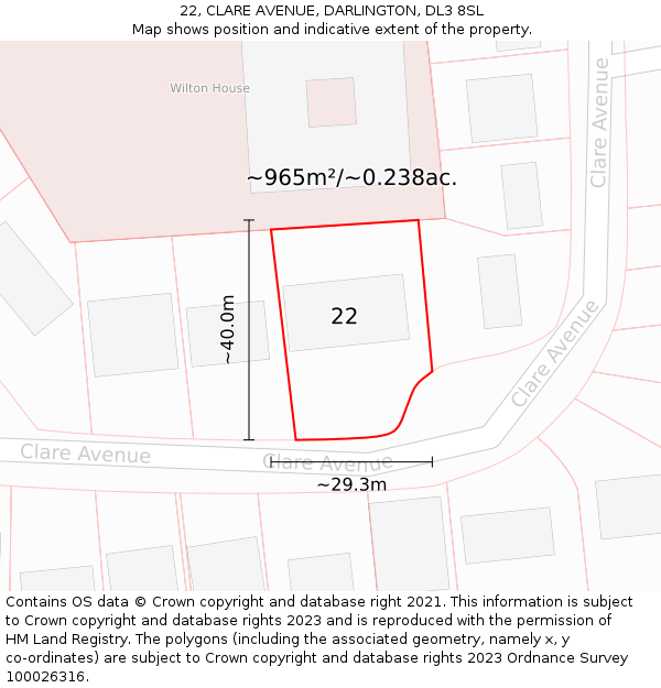 22, CLARE AVENUE, DARLINGTON, DL3 8SL: Plot and title map