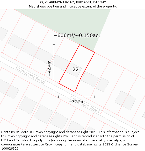 22, CLAREMONT ROAD, BRIDPORT, DT6 3AY: Plot and title map