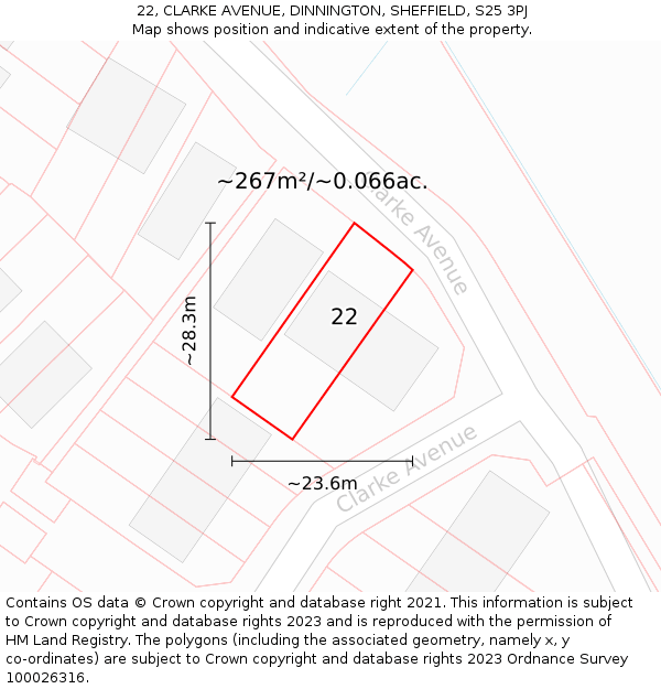 22, CLARKE AVENUE, DINNINGTON, SHEFFIELD, S25 3PJ: Plot and title map