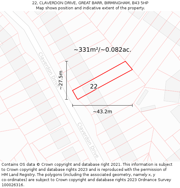 22, CLAVERDON DRIVE, GREAT BARR, BIRMINGHAM, B43 5HP: Plot and title map