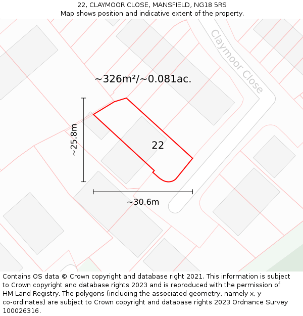 22, CLAYMOOR CLOSE, MANSFIELD, NG18 5RS: Plot and title map