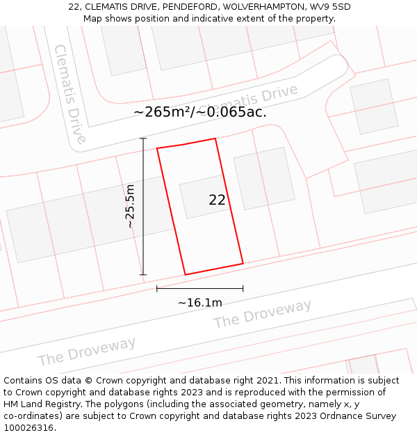 22, CLEMATIS DRIVE, PENDEFORD, WOLVERHAMPTON, WV9 5SD: Plot and title map