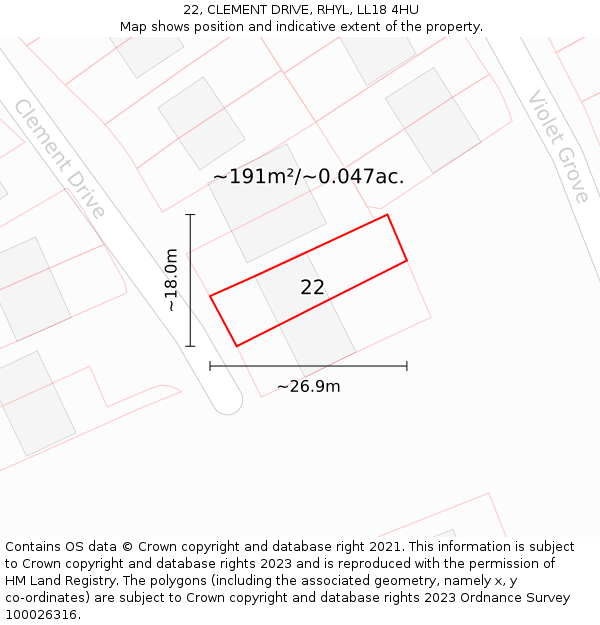 22, CLEMENT DRIVE, RHYL, LL18 4HU: Plot and title map