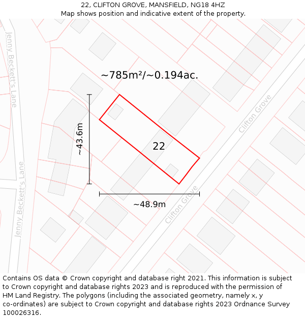 22, CLIFTON GROVE, MANSFIELD, NG18 4HZ: Plot and title map