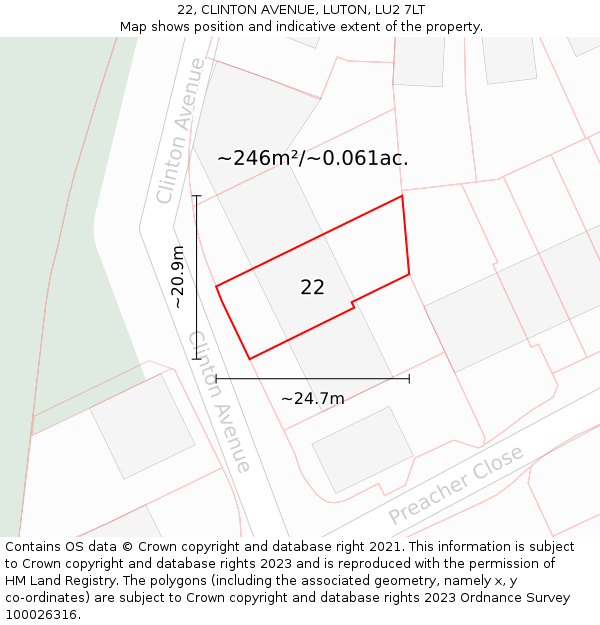 22, CLINTON AVENUE, LUTON, LU2 7LT: Plot and title map