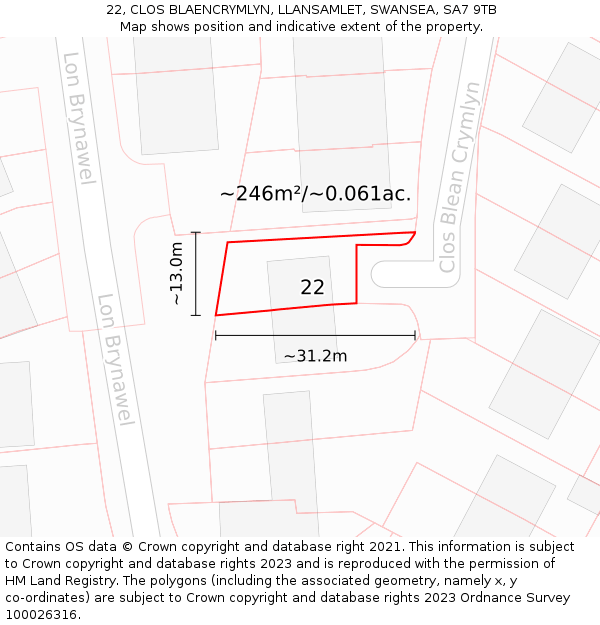 22, CLOS BLAENCRYMLYN, LLANSAMLET, SWANSEA, SA7 9TB: Plot and title map