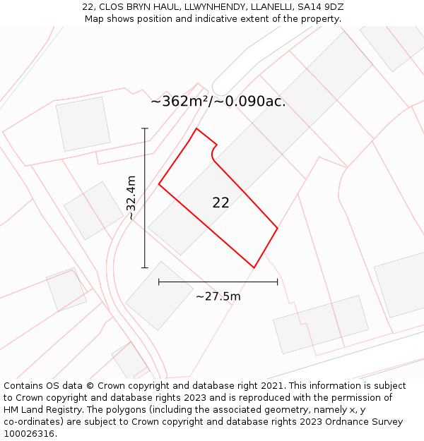 22, CLOS BRYN HAUL, LLWYNHENDY, LLANELLI, SA14 9DZ: Plot and title map