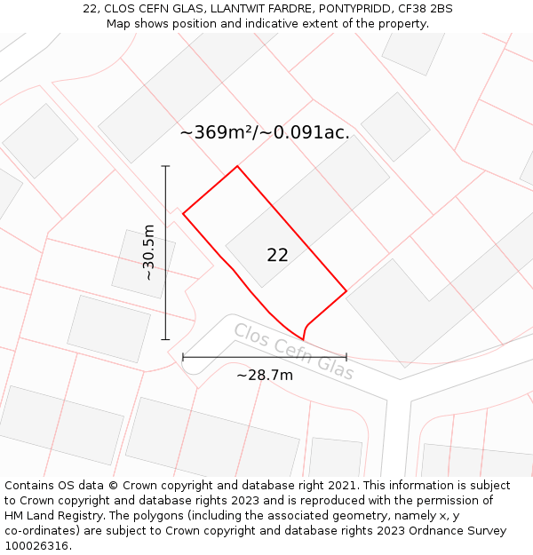 22, CLOS CEFN GLAS, LLANTWIT FARDRE, PONTYPRIDD, CF38 2BS: Plot and title map