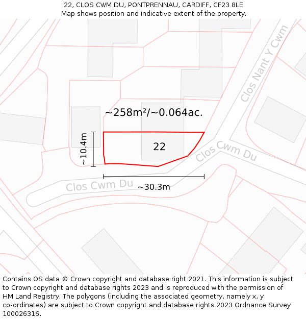 22, CLOS CWM DU, PONTPRENNAU, CARDIFF, CF23 8LE: Plot and title map