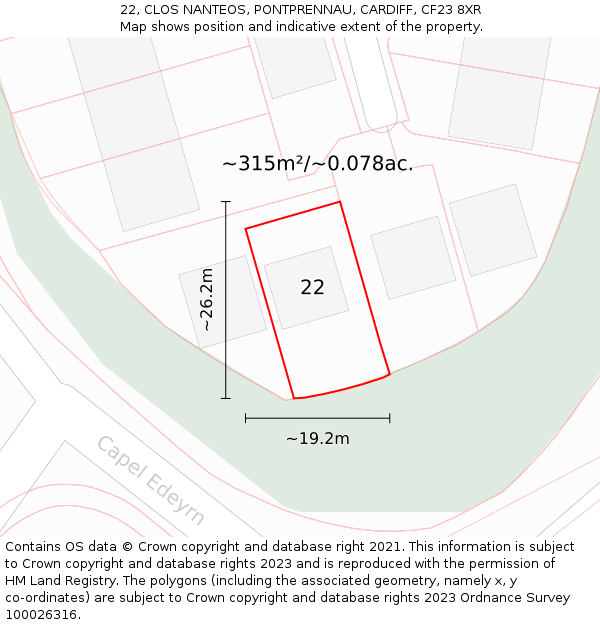 22, CLOS NANTEOS, PONTPRENNAU, CARDIFF, CF23 8XR: Plot and title map