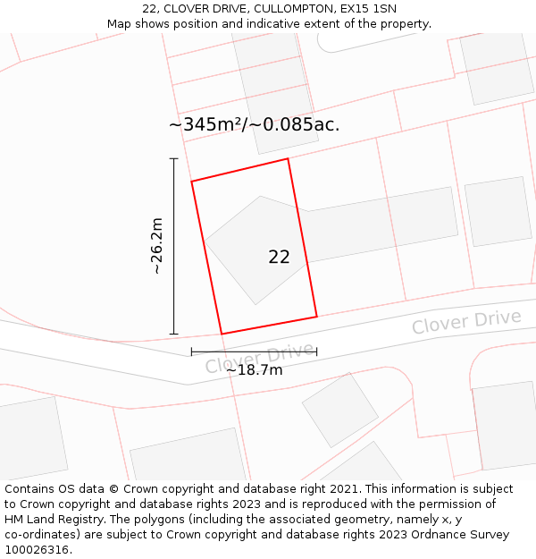 22, CLOVER DRIVE, CULLOMPTON, EX15 1SN: Plot and title map