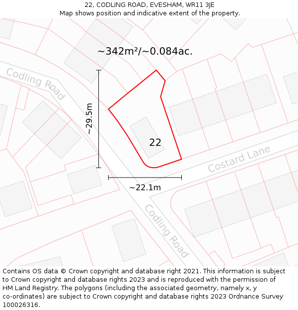 22, CODLING ROAD, EVESHAM, WR11 3JE: Plot and title map