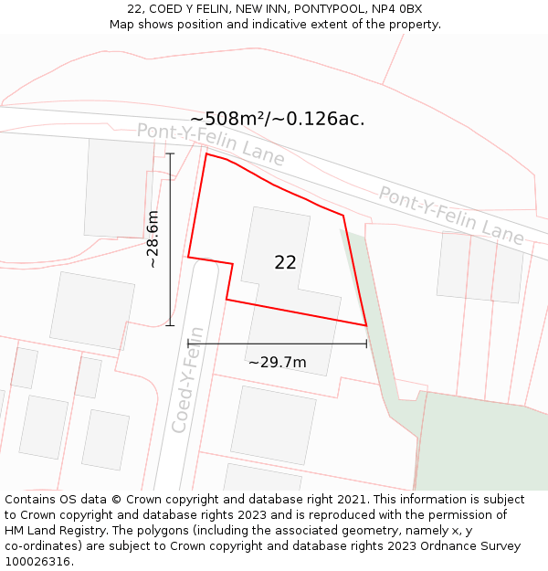 22, COED Y FELIN, NEW INN, PONTYPOOL, NP4 0BX: Plot and title map