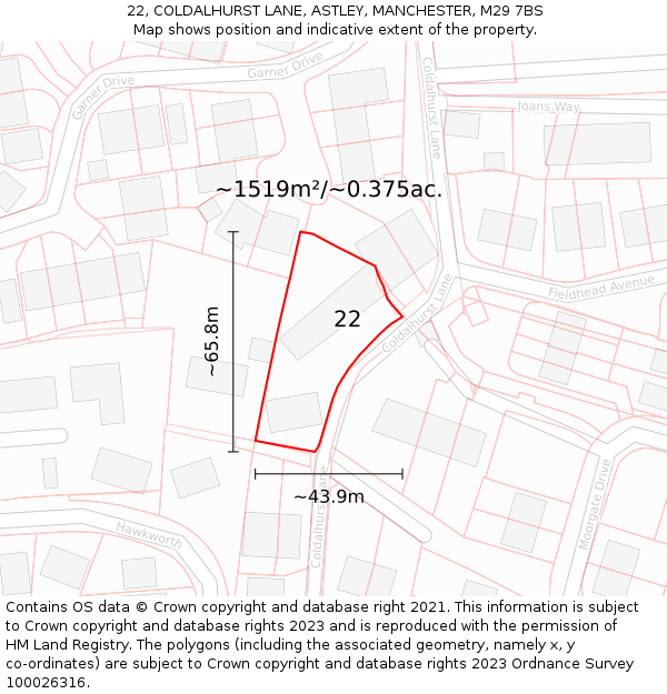 22, COLDALHURST LANE, ASTLEY, MANCHESTER, M29 7BS: Plot and title map