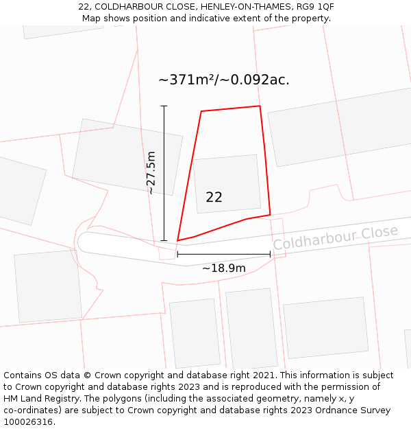 22, COLDHARBOUR CLOSE, HENLEY-ON-THAMES, RG9 1QF: Plot and title map