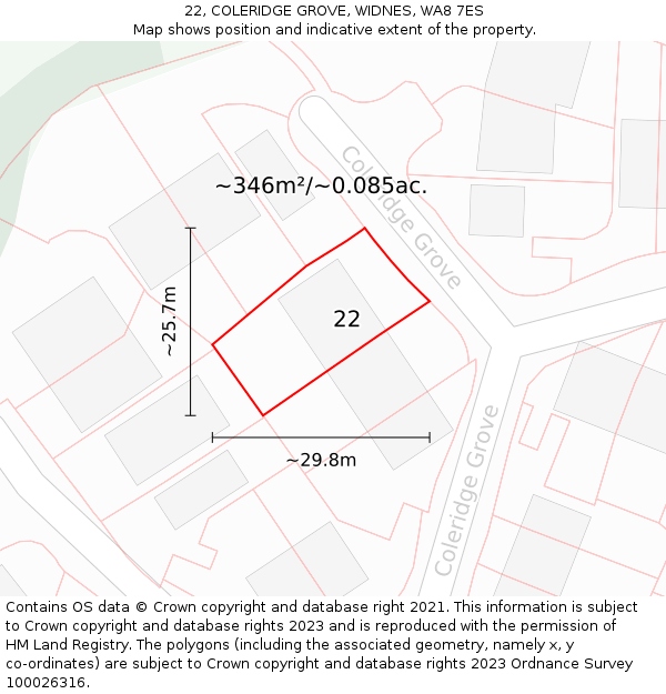 22, COLERIDGE GROVE, WIDNES, WA8 7ES: Plot and title map