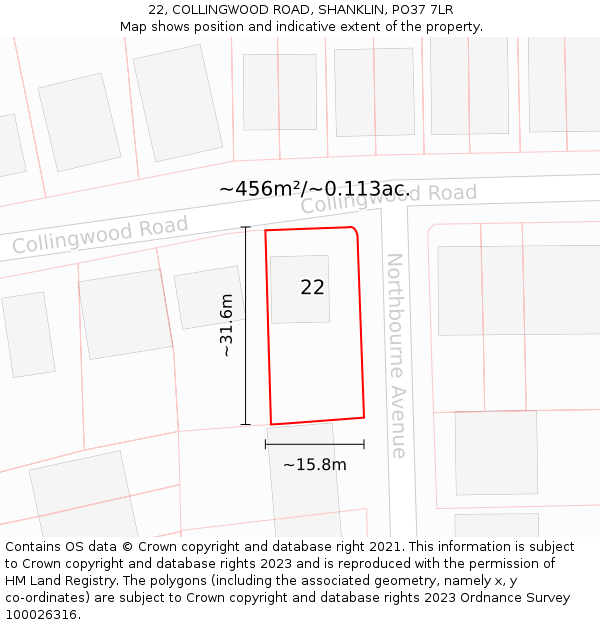 22, COLLINGWOOD ROAD, SHANKLIN, PO37 7LR: Plot and title map