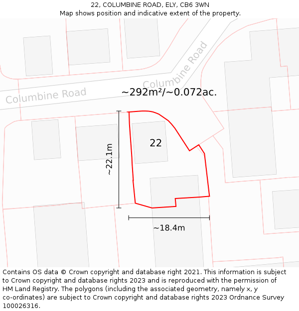 22, COLUMBINE ROAD, ELY, CB6 3WN: Plot and title map