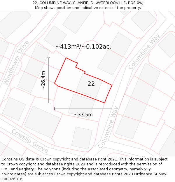 22, COLUMBINE WAY, CLANFIELD, WATERLOOVILLE, PO8 0WJ: Plot and title map