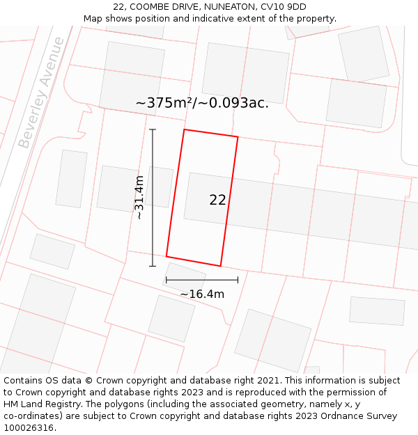 22, COOMBE DRIVE, NUNEATON, CV10 9DD: Plot and title map