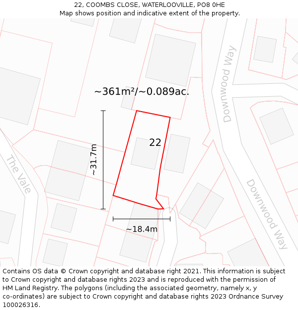 22, COOMBS CLOSE, WATERLOOVILLE, PO8 0HE: Plot and title map