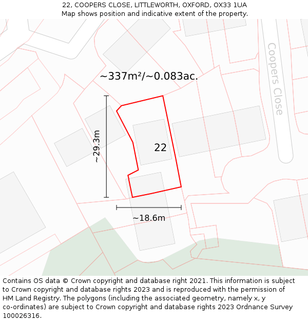 22, COOPERS CLOSE, LITTLEWORTH, OXFORD, OX33 1UA: Plot and title map