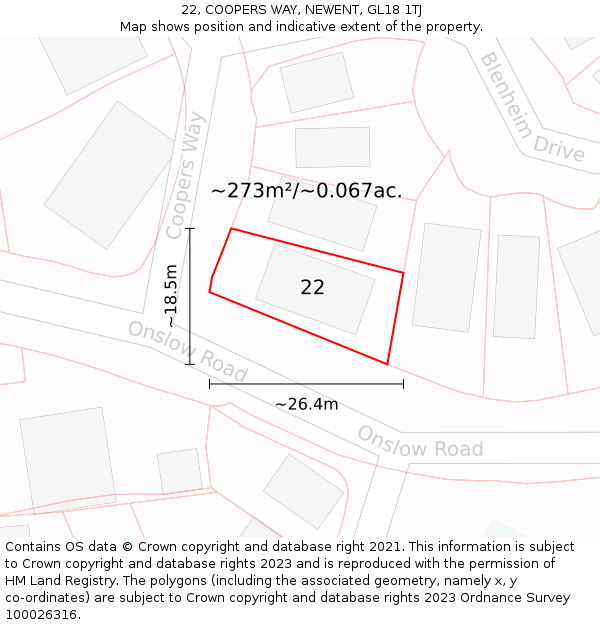 22, COOPERS WAY, NEWENT, GL18 1TJ: Plot and title map