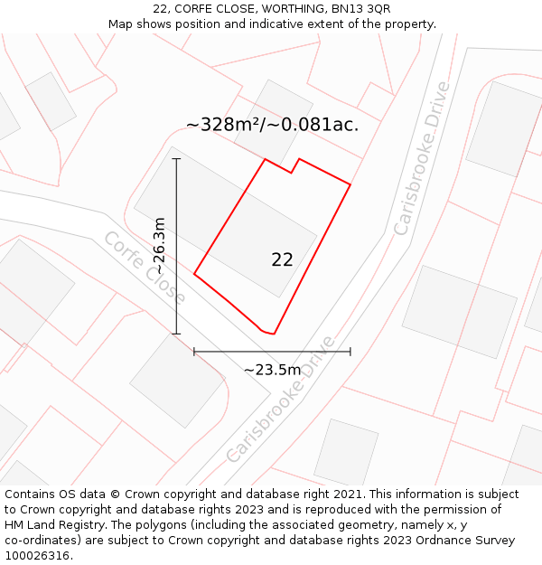 22, CORFE CLOSE, WORTHING, BN13 3QR: Plot and title map
