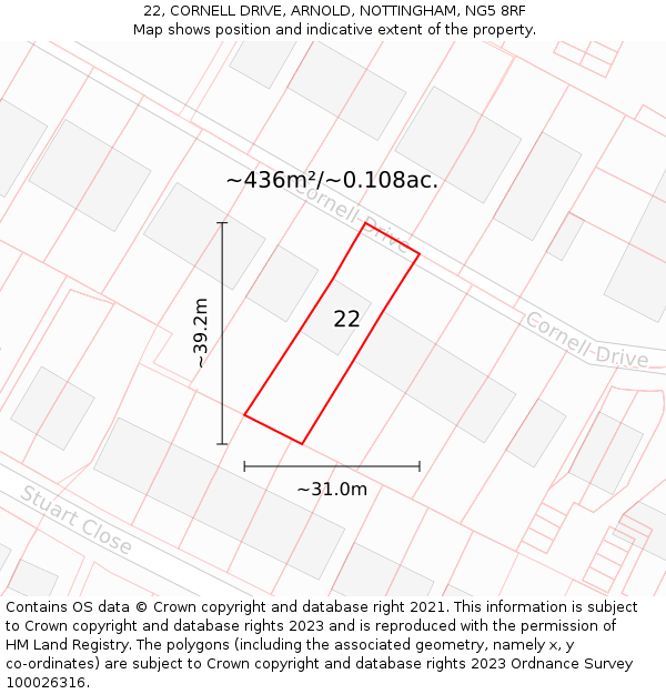 22, CORNELL DRIVE, ARNOLD, NOTTINGHAM, NG5 8RF: Plot and title map