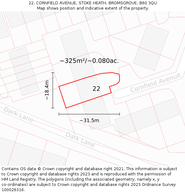 22, CORNFIELD AVENUE, STOKE HEATH, BROMSGROVE, B60 3QU: Plot and title map