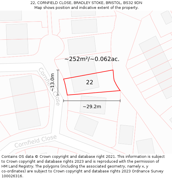 22, CORNFIELD CLOSE, BRADLEY STOKE, BRISTOL, BS32 9DN: Plot and title map